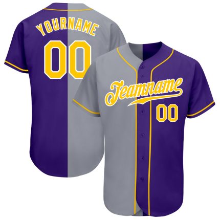 Personalized Purple Gold-Gray Authentic Split Fashion Baseball Jersey Team Custom Name and Number