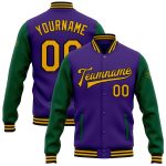 Personalized Purple Gold-Kelly Green Bomber Full-Snap Varsity Letterman Two Tone Jacket