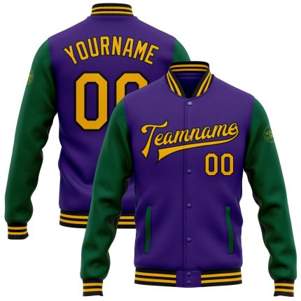 Personalized Purple Gold-Kelly Green Bomber Full-Snap Varsity Letterman Two Tone Jacket