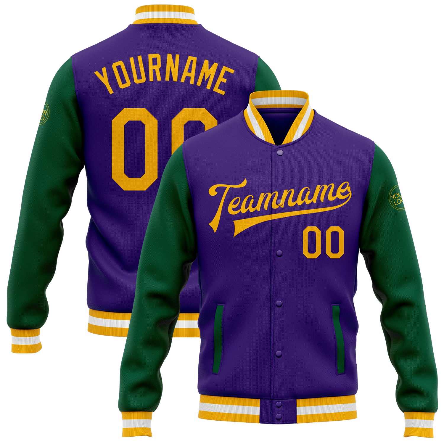 Personalized Purple Gold-Kelly Green Bomber Full-Snap Varsity Letterman Two Tone Jacket Team Custom Name and Number