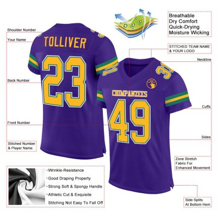 Personalized Purple Gold-Kelly Green Mesh Authentic Football Jersey Team Custom Name and Number