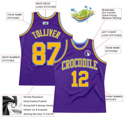 Personalized Purple Gold-Light Blue Authentic Throwback Basketball Jersey Team Custom Name and Number