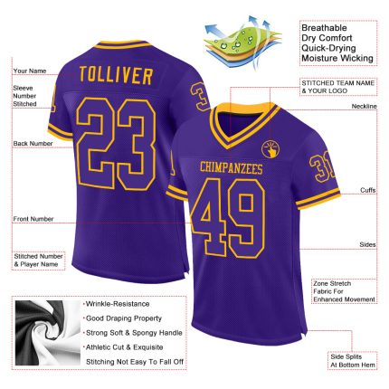 Personalized Purple Gold Mesh Authentic Throwback Football Jersey Team Custom Name and Number