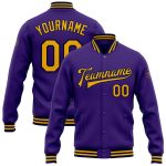 Personalized Purple Gold-Navy Bomber Full-Snap Varsity Letterman Jacket Team Custom Name and Number