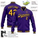 Personalized Purple Gold-Navy Bomber Full-Snap Varsity Letterman Jacket Team Custom Name and Number