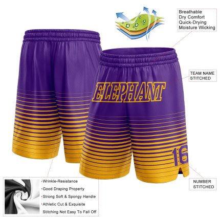 Personalized Purple Gold Pinstripe Fade Fashion Authentic Basketball Shorts Team Custom Name and Number