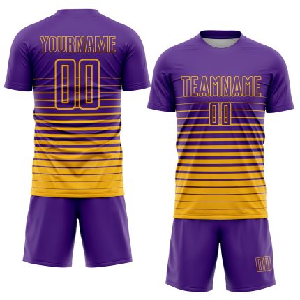 Personalized Purple Gold Pinstripe Fade Fashion Sublimation Soccer Uniform Jersey Team Custom Name and Number