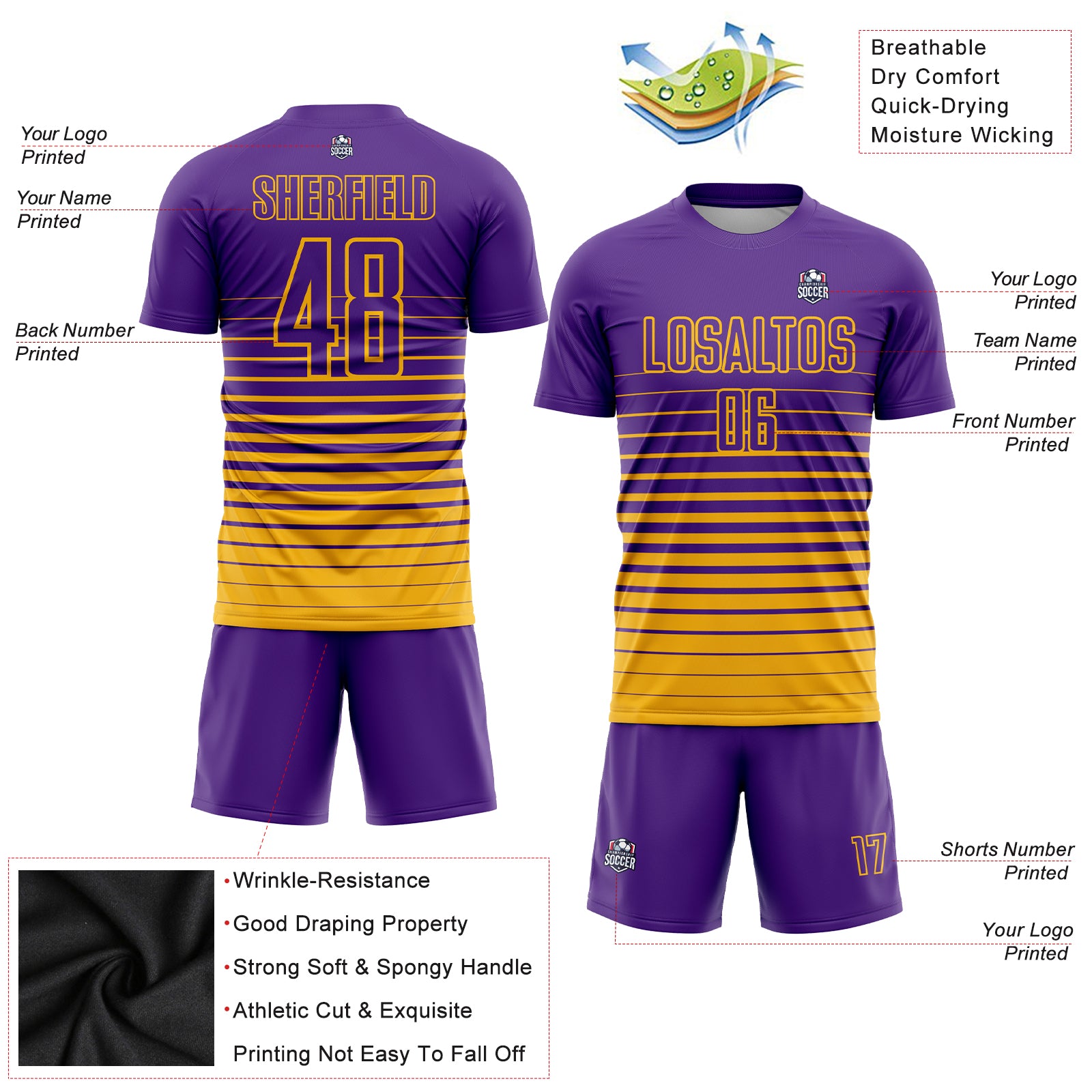 Personalized Purple Gold Pinstripe Fade Fashion Sublimation Soccer Uniform Jersey Team Custom Name and Number Personalized Purple Gold Pinstripe Fade Fashion Sublimation Soccer Uniform Jersey Team Custom Name and Number - Image 3