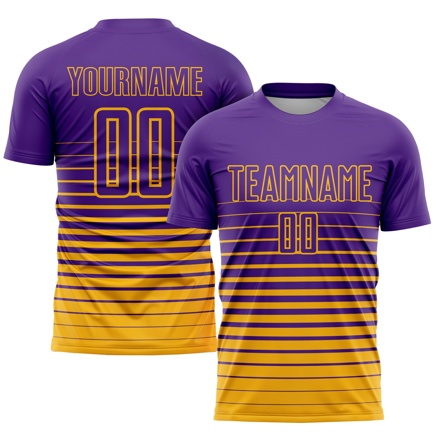 Personalized Purple Gold Pinstripe Fade Fashion Sublimation Soccer Uniform Jersey Team Custom Name and Number