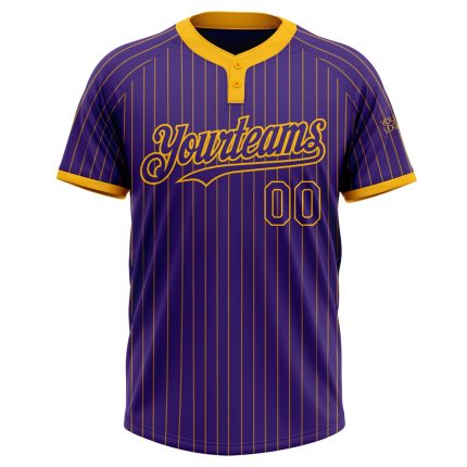 Personalized Purple Gold Pinstripe Gold Two-Button Unisex Softball Jersey Team Custom Name and Number