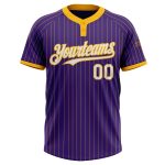 Personalized Purple Gold Pinstripe White Two-Button Unisex Softball Jersey Team Custom Name and Number