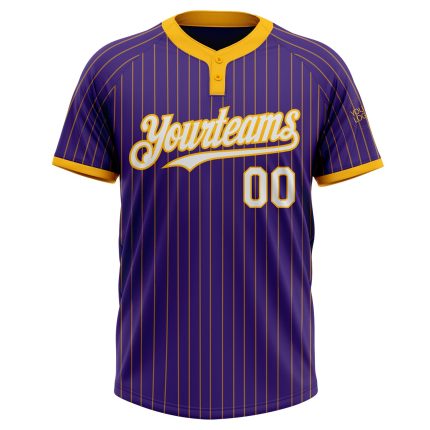 Personalized Purple Gold Pinstripe White Two-Button Unisex Softball Jersey Team Custom Name and Number