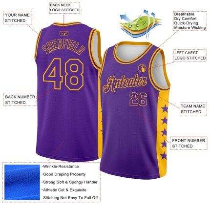 Personalized Purple Gold Side Panel Stars Authentic City Edition Basketball Jersey Team Custom Name and Number