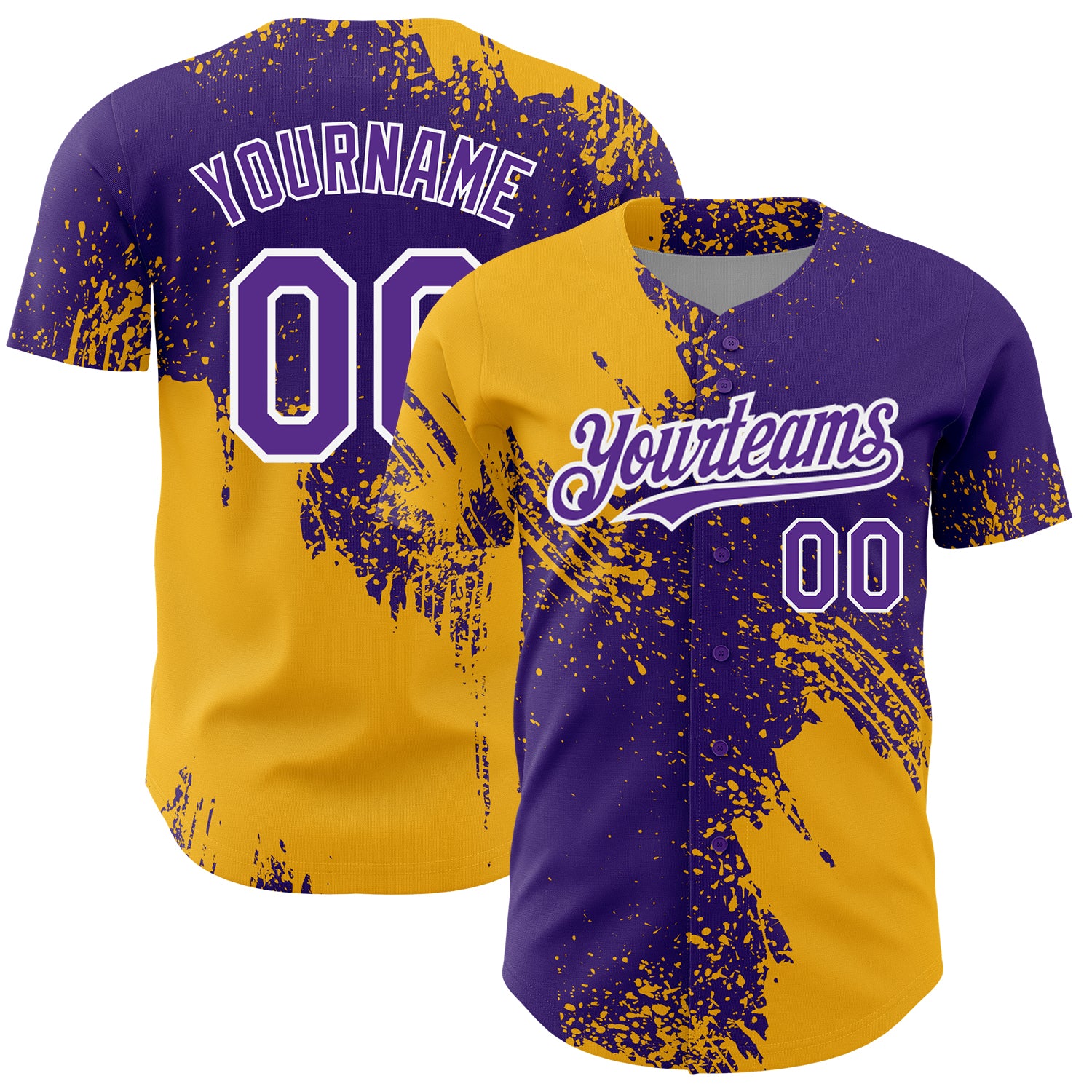 Personalized Purple Gold-White 3D Pattern Design Abstract Brush Stroke Authentic Baseball Jersey Team Custom Name and Number
