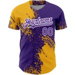 Personalized Purple Gold-White 3D Pattern Design Abstract Brush Stroke Authentic Baseball Jersey Team Custom Name and Number