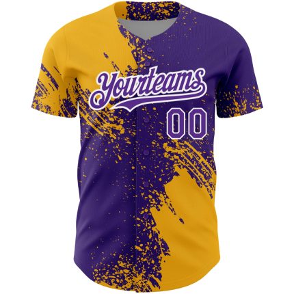 Personalized Purple Gold-White 3D Pattern Design Abstract Brush Stroke Authentic Baseball Jersey Team Custom Name and Number