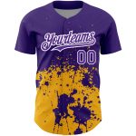 Personalized Purple Gold-White 3D Pattern Design Abstract Splash Grunge Art Authentic Baseball Jersey Team Custom Name and Number