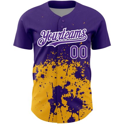 Personalized Purple Gold-White 3D Pattern Design Abstract Splash Grunge Art Authentic Baseball Jersey Team Custom Name and Number