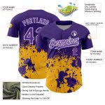 Personalized Purple Gold-White 3D Pattern Design Abstract Splash Grunge Art Authentic Baseball Jersey Team Custom Name and Number