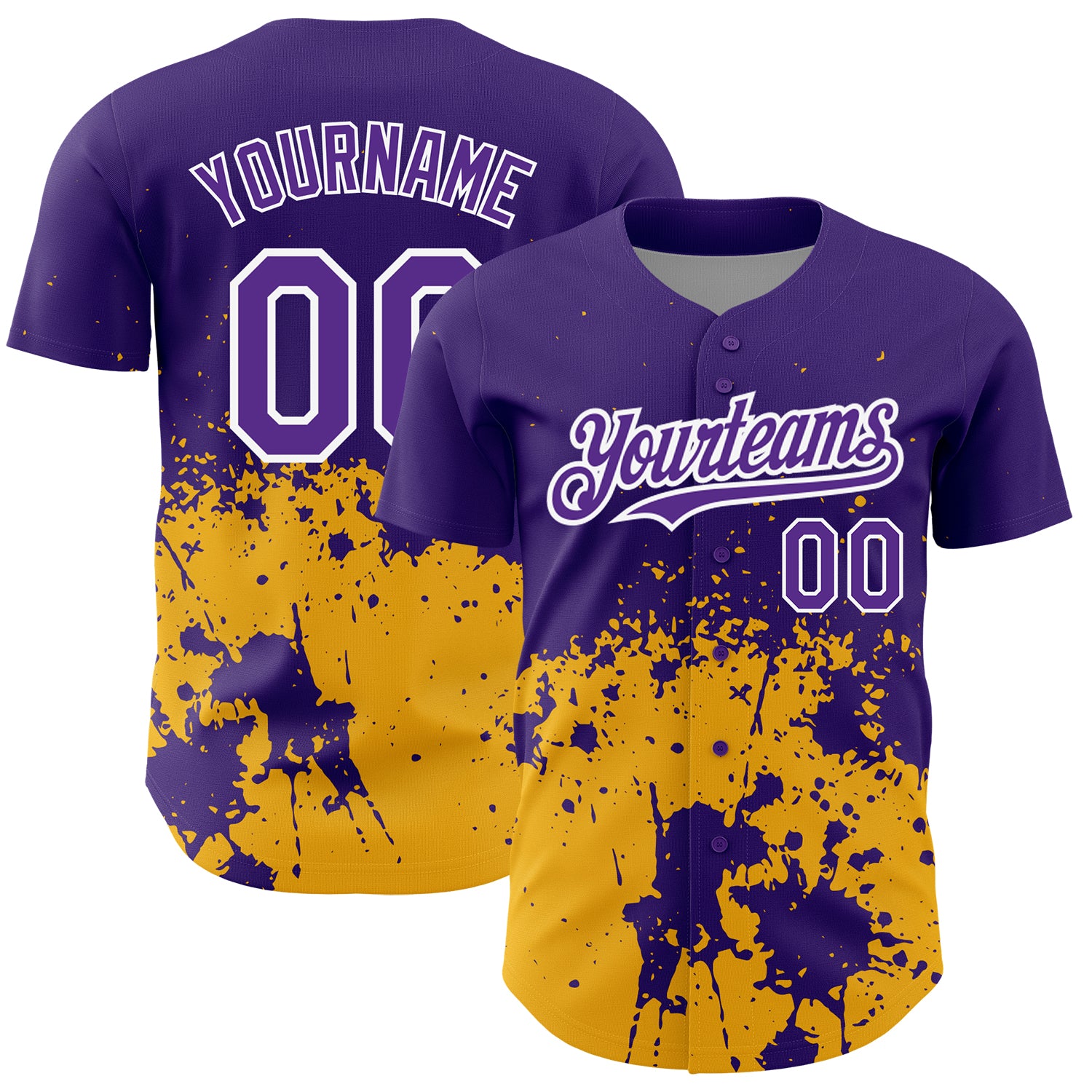 Personalized Purple Gold-White 3D Pattern Design Abstract Splash Grunge Art Authentic Baseball Jersey Team Custom Name and Number