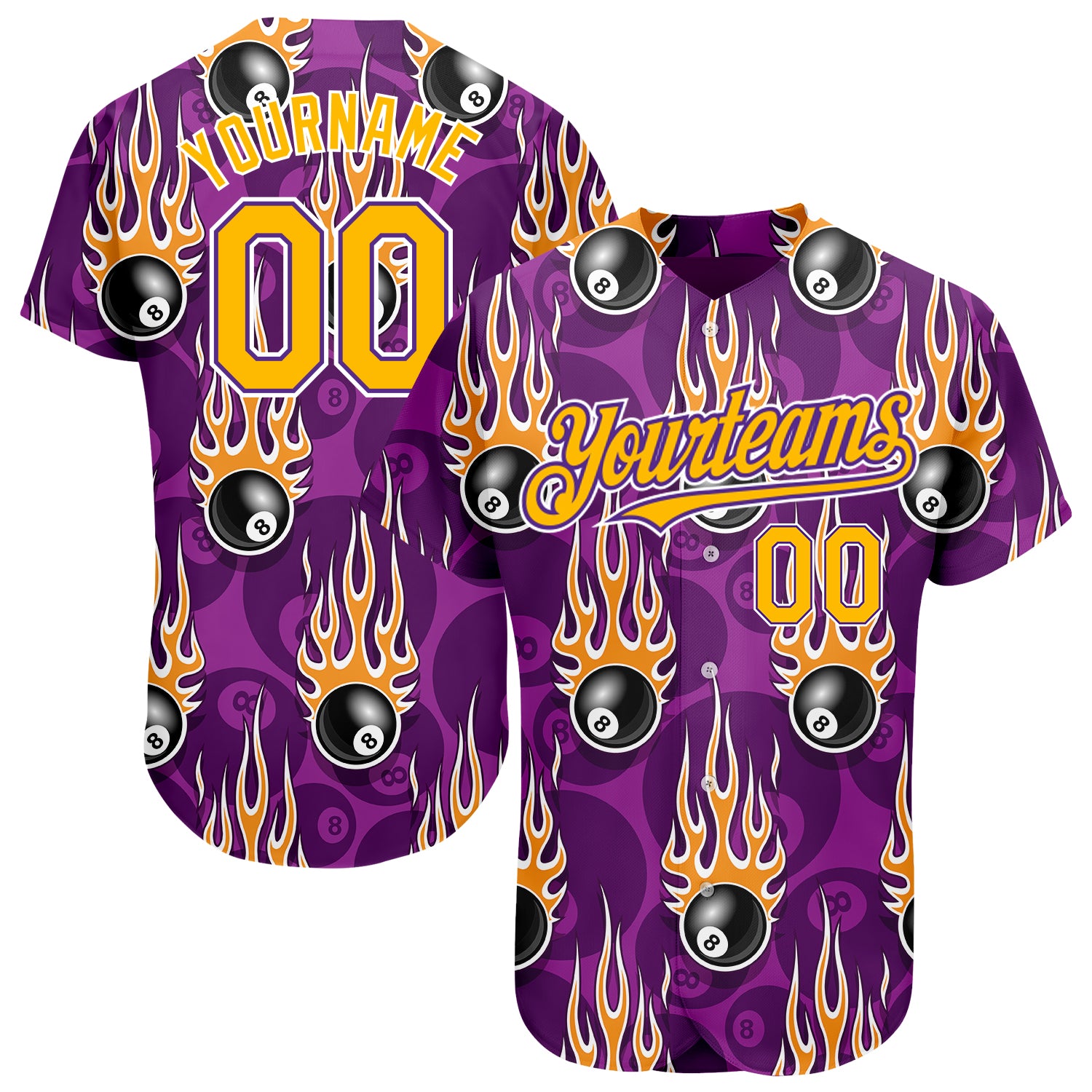 Personalized Purple Gold-White 3D Pattern Design Billiards Snooker 8 Ball With Hotrod Flame Authentic Baseball Jersey Team Custom Name and Number