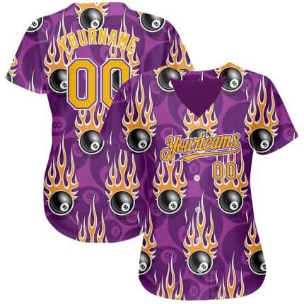Personalized Purple Gold-White 3D Pattern Design Billiards Snooker 8 Ball With Hotrod Flame Authentic Baseball Jersey Team Custom Name and Number