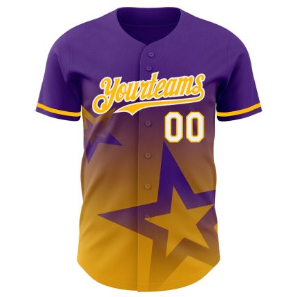 Personalized Purple Gold-White 3D Pattern Design Gradient Style Twinkle Star Authentic Baseball Jersey Team Custom Name and Number