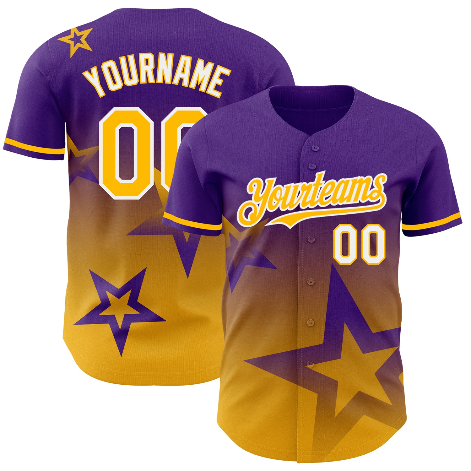 Personalized Purple Gold-White 3D Pattern Design Gradient Style Twinkle Star Authentic Baseball Jersey Team Custom Name and Number