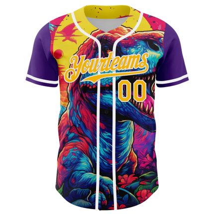 Personalized Purple Gold-White 3D Pattern Design Rave T Rex Authentic Baseball Jersey Team Custom Name and Number