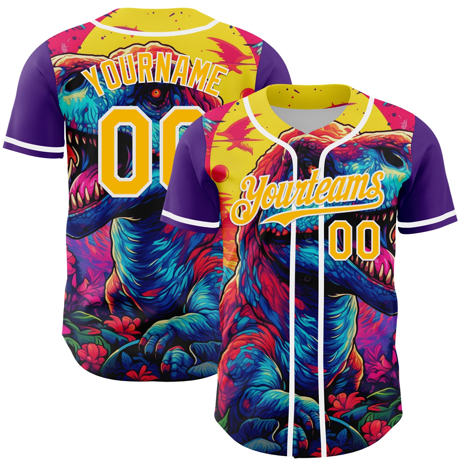Personalized Purple Gold-White 3D Pattern Design Rave T Rex Authentic Baseball Jersey Team Custom Name and Number