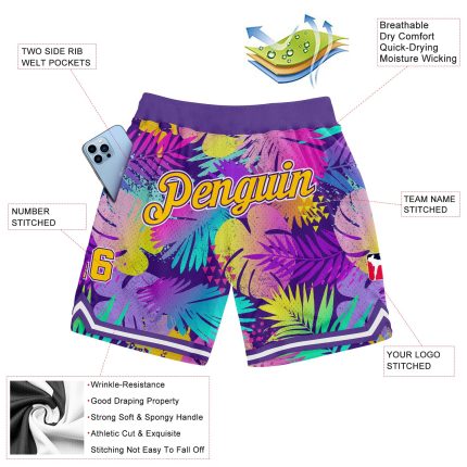 Personalized Purple Gold-White 3D Pattern Design Tropical Palm Leaves Authentic Basketball Shorts Team Custom Name and Number