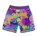 Personalized Purple Gold-White 3D Pattern Design Tropical Palm Leaves Authentic Basketball Shorts Team Custom Name and Number