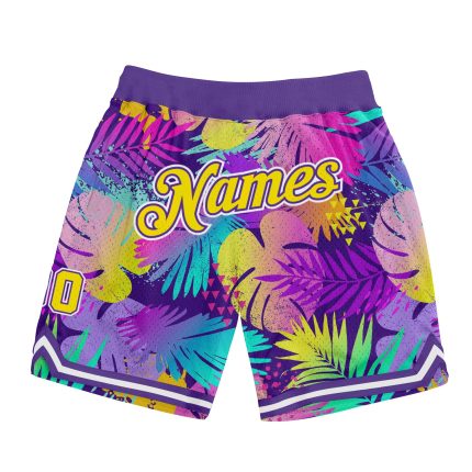 Personalized Purple Gold-White 3D Pattern Design Tropical Palm Leaves Authentic Basketball Shorts Team Custom Name and Number