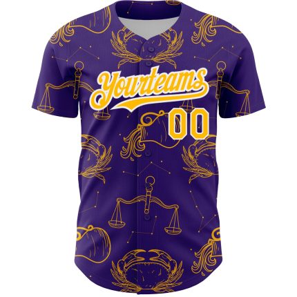 Personalized Purple Gold-White 3D Pattern Design Zodiac Authentic Baseball Jersey Team Custom Name and Number
