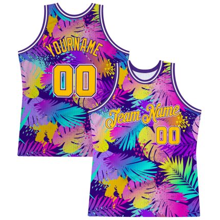 Personalized Purple Gold-White 3D Pattern Tropical Hawaii Plants Authentic Basketball Jersey Team Custom Name and Number