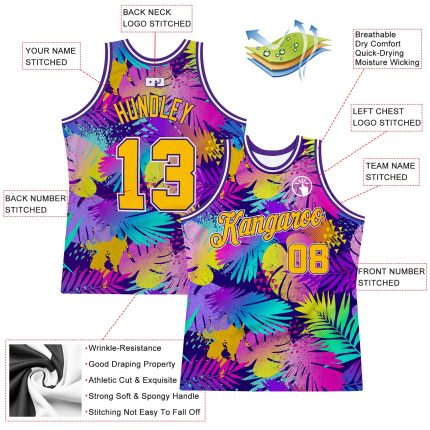 Personalized Purple Gold-White 3D Pattern Tropical Hawaii Plants Authentic Basketball Jersey Team Custom Name and Number