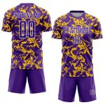 Personalized Purple Gold-White Abstract Fluid Sublimation Soccer Uniform Jersey Team Custom Name and Number