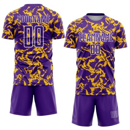 Personalized Purple Gold-White Abstract Fluid Sublimation Soccer Uniform Jersey Team Custom Name and Number