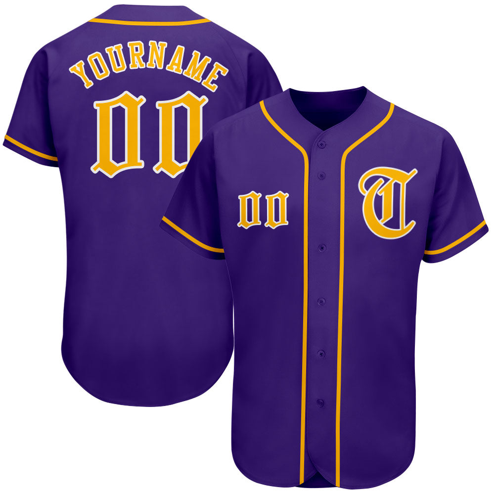 Personalized Purple Gold-White Authentic Baseball Jersey Team Custom Name and Number