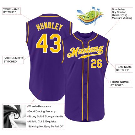 Personalized Purple Gold-White Authentic Sleeveless Baseball Jersey Team Custom Name and Number