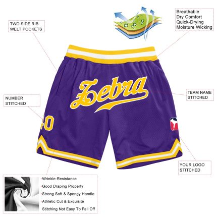 Personalized Purple Gold-White Authentic Throwback Basketball Shorts Team Custom Name and Number