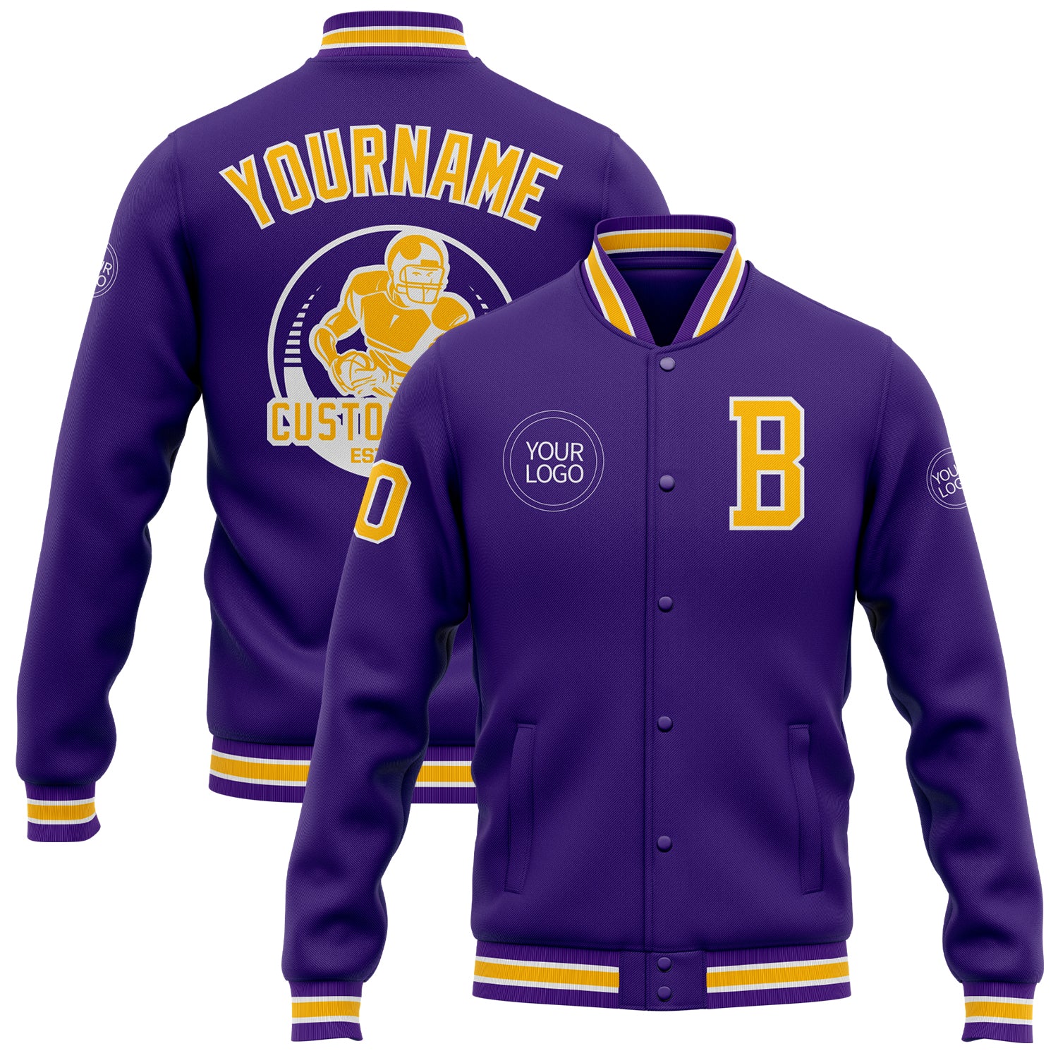 Personalized Purple Gold-White Bomber Full-Snap Varsity Letterman Jacket