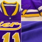 Personalized Purple Gold-White Bomber Full-Snap Varsity Letterman Jacket Team Custom Name and Number