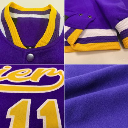 Personalized Purple Gold-White Bomber Full-Snap Varsity Letterman Jacket Team Custom Name and Number