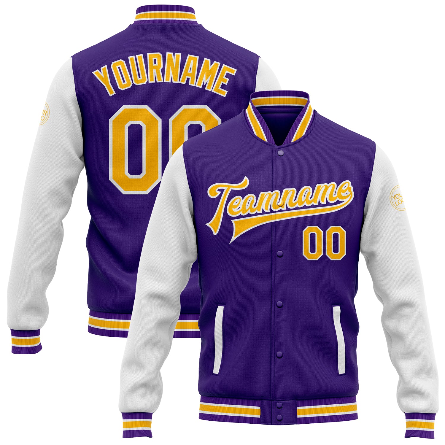 Personalized Purple Gold-White Bomber Full-Snap Varsity Letterman Two Tone Jacket Team Custom Name and Number