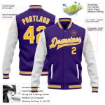 Personalized Purple Gold-White Bomber Full-Snap Varsity Letterman Two Tone Jacket Team Custom Name and Number