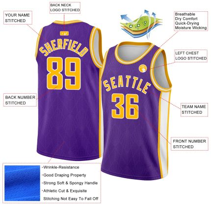 Personalized Purple Gold-White Geometric Shapes And Side Stripes Authentic City Edition Basketball Jersey Team Custom Name and Number