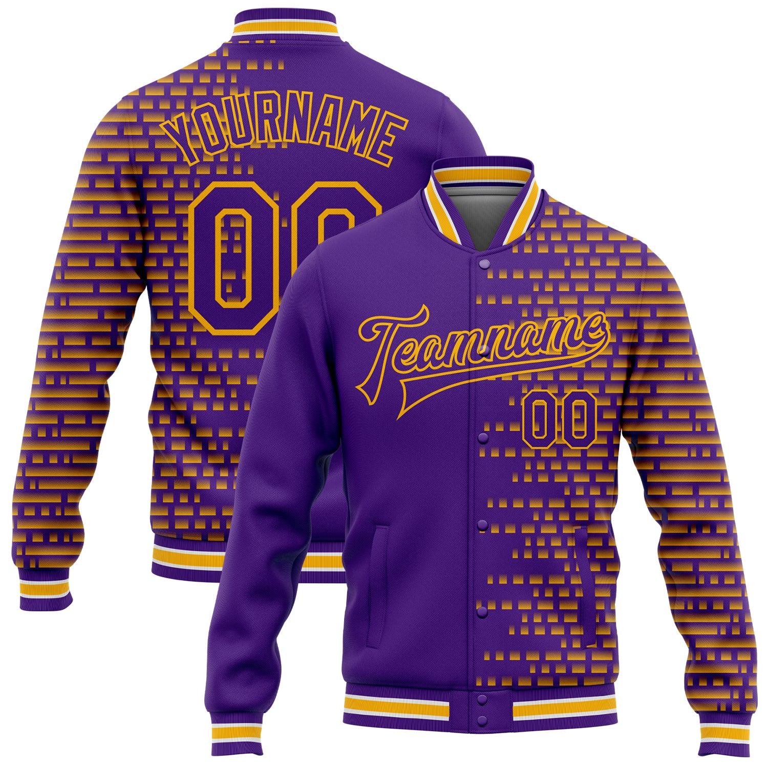 Personalized Purple Gold-White Halftone 3D Pattern Design Bomber Full-Snap Varsity Letterman Jacket Team Custom Name and Number