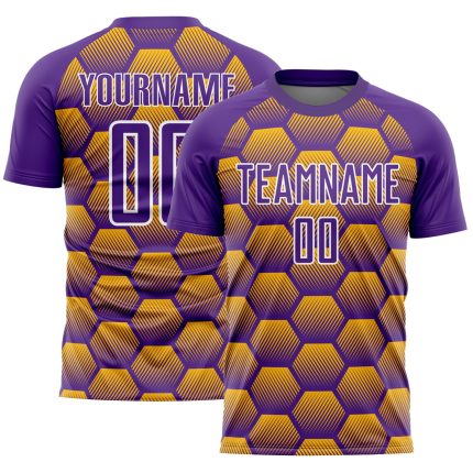 Personalized Purple Gold-White Hexagons Pattern Sublimation Soccer Uniform Jersey Team Custom Name and Number