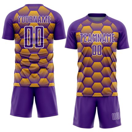 Personalized Purple Gold-White Hexagons Pattern Sublimation Soccer Uniform Jersey Team Custom Name and Number